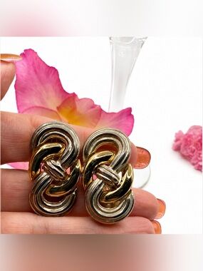 Givenchy Modernist Gold and Silver Plated Love Knot Clip Earrings Vintage